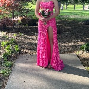 Strapless Lace Prom Gown with High Slit - Hot Pink